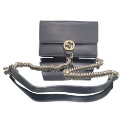 Gucci Interlocking G Black Leather Wallet on Chain