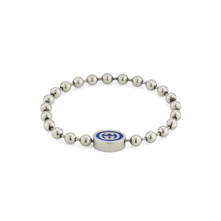 Gucci Interlocking G Boule Chain SS Blue Enamel Bracelet YBA753437001 In New Condition For Sale In Wilmington, DE