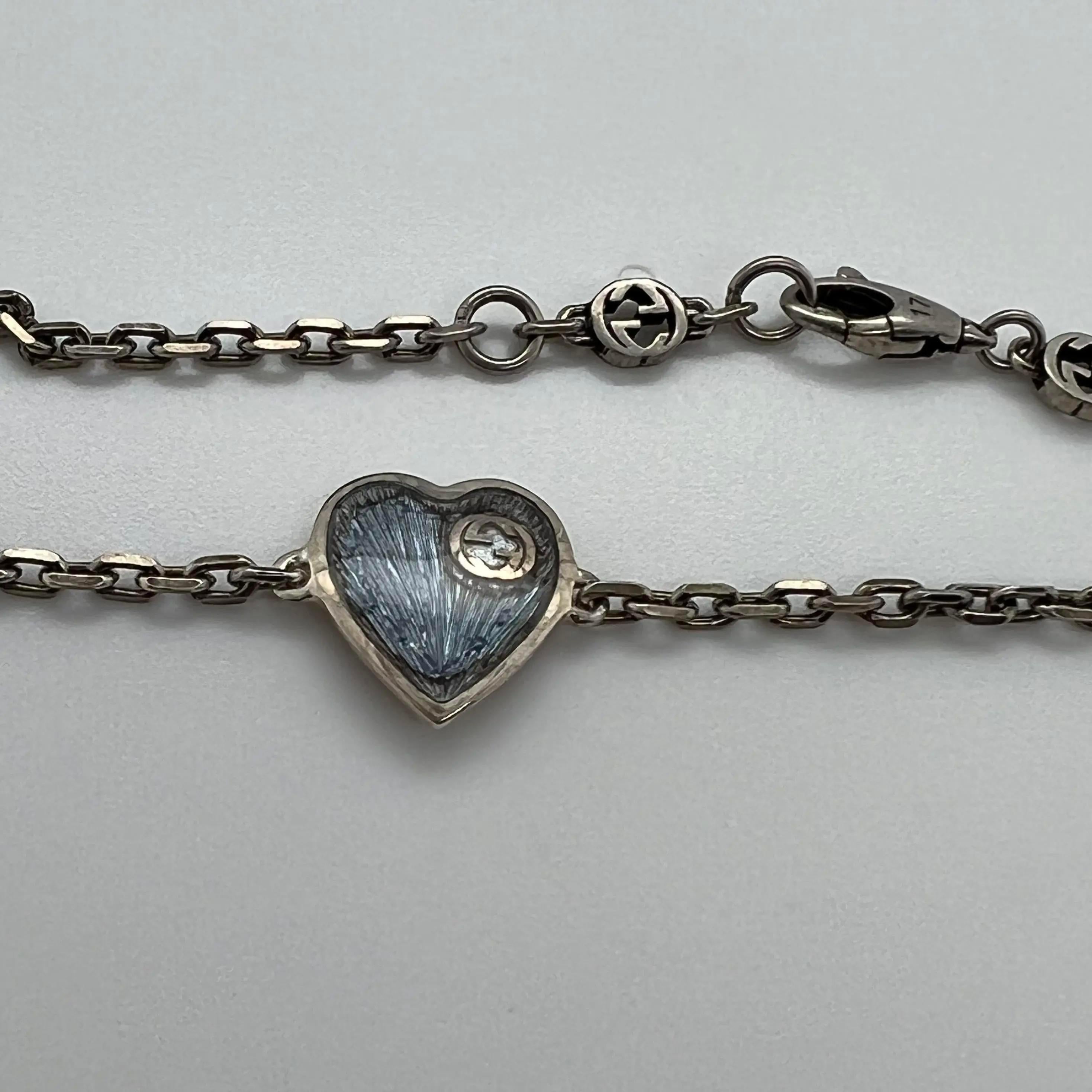 Modern Gucci Interlocking G Light Blue Heart Chain Bracelet 925 Sterling Silver
