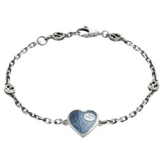 Gucci Interlocking G Light Blue Heart Chain Bracelet 925 Sterling Silver