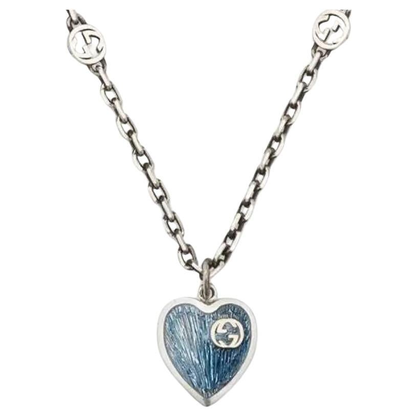Gucci Interlocking G Light Blue Heart Pendant Necklace 925 Sterling Silver For Sale