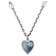 Retro Gucci Interlocking G Light Blue Heart Pendant Necklace 925 Sterling Silver
