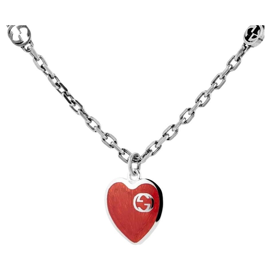 Gucci Interlocking G Red Heart Pendant Necklace 925 Sterling Silver For Sale
