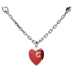 Gucci Interlocking G Red Heart Pendant Necklace 925 Sterling Silver