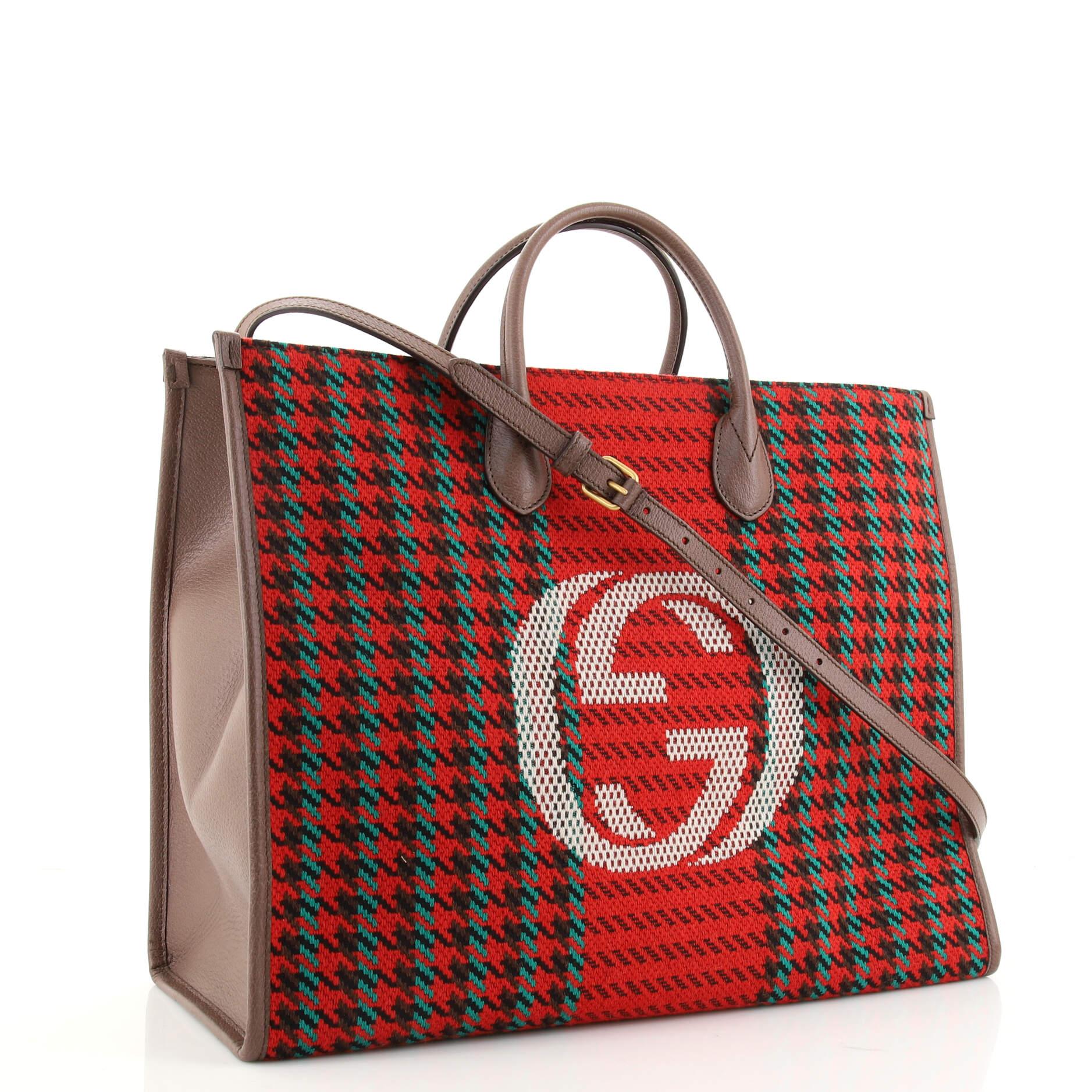 Brown Gucci Interlocking G Shopping Tote Houndstooth Tweed Large