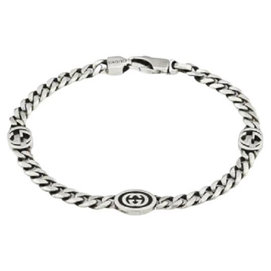 Gucci Interlocking G Sterling Silber Schwarz Emaille Kette Armband YBA678660001