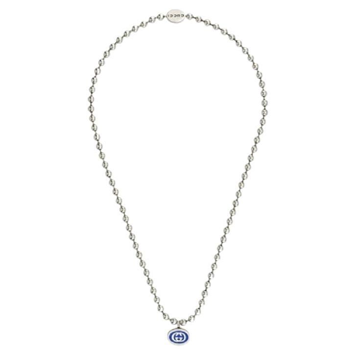 Gucci Interlocking G Sterling Silver Blue Enamel Necklace YBB753438001 For Sale