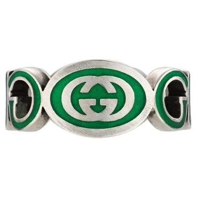 Gucci Interlocking G Sterling Silver Enamel Green Ring YBC753640001 For Sale