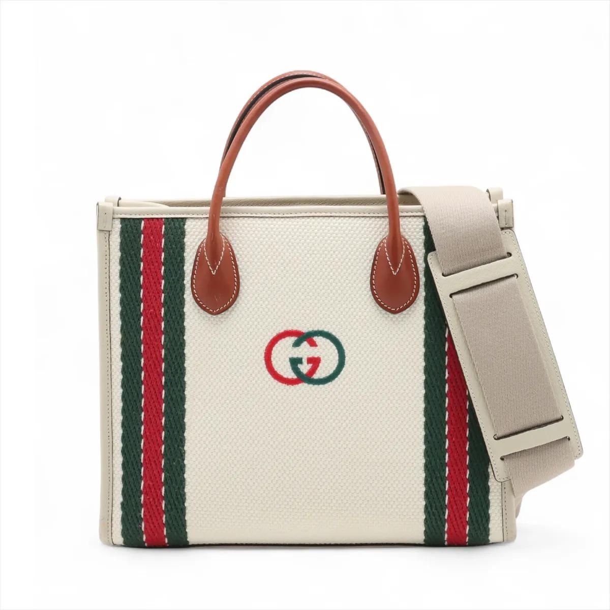 La borsa Tote a due vie in pelle canvas con logo GG di Gucci in avorio e marrone è un pezzo senza tempo che unisce eleganza e funzionalità. Realizzata in tela con logo GG e raffinate finiture in pelle, presenta l'iconico emblema GG ad incastro sul