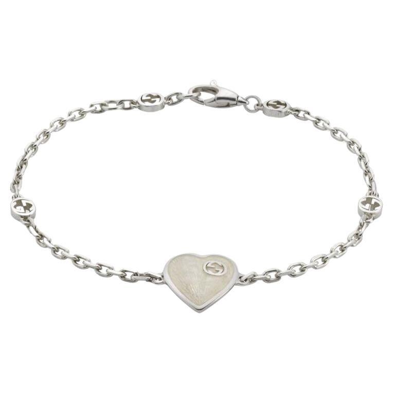 Gucci Interlocking White Enamel Heart Sterling Silver Bracelet YBA645546003