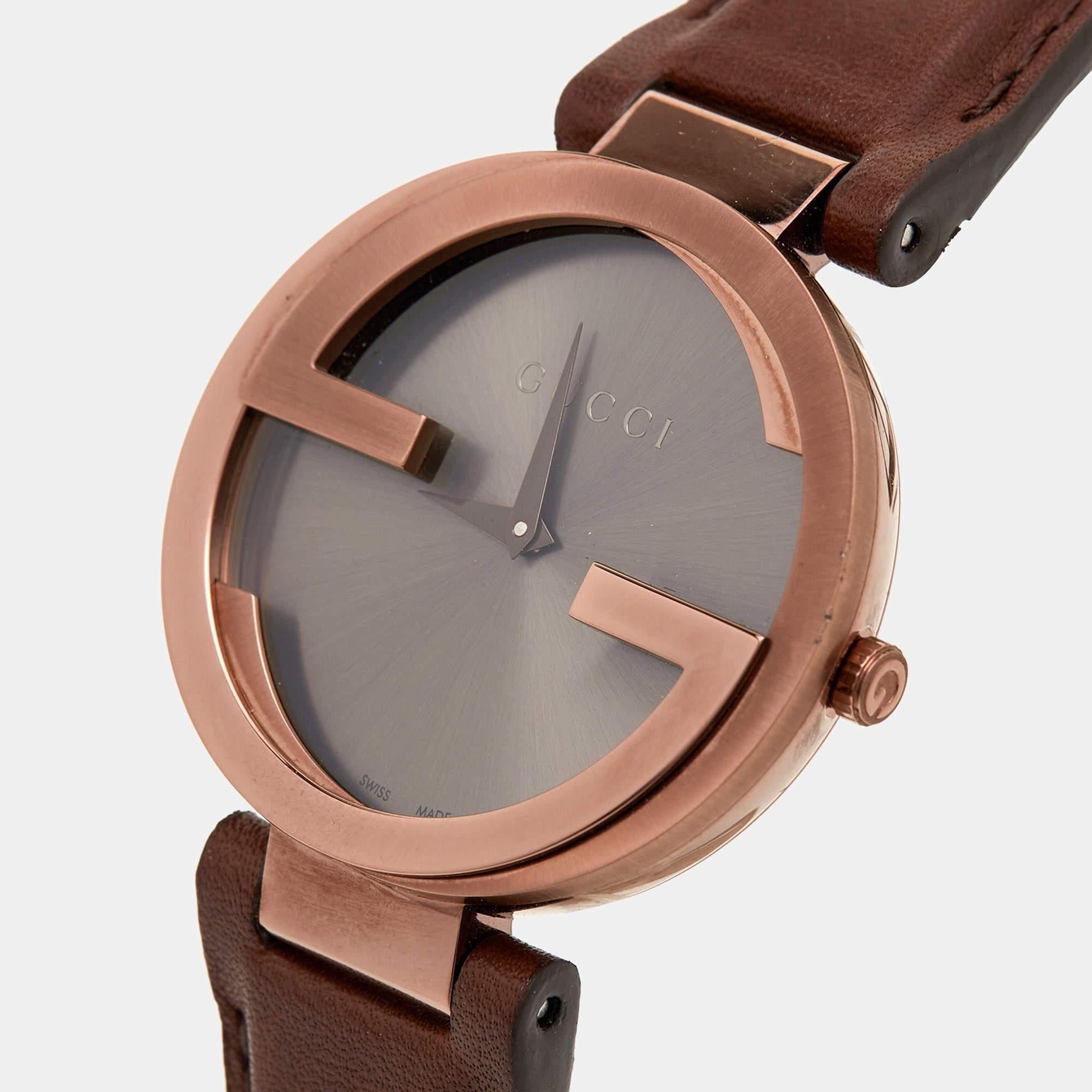 Gucci Ion Plated Stainless Steel Leather Interlocking Women's Wristwatch 37 mm 1