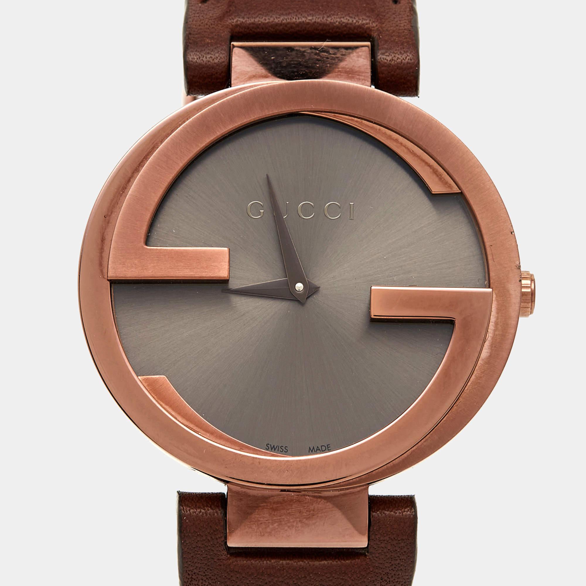 Gucci Ion Plated Stainless Steel Leather Interlocking Women's Wristwatch 37 mm 2