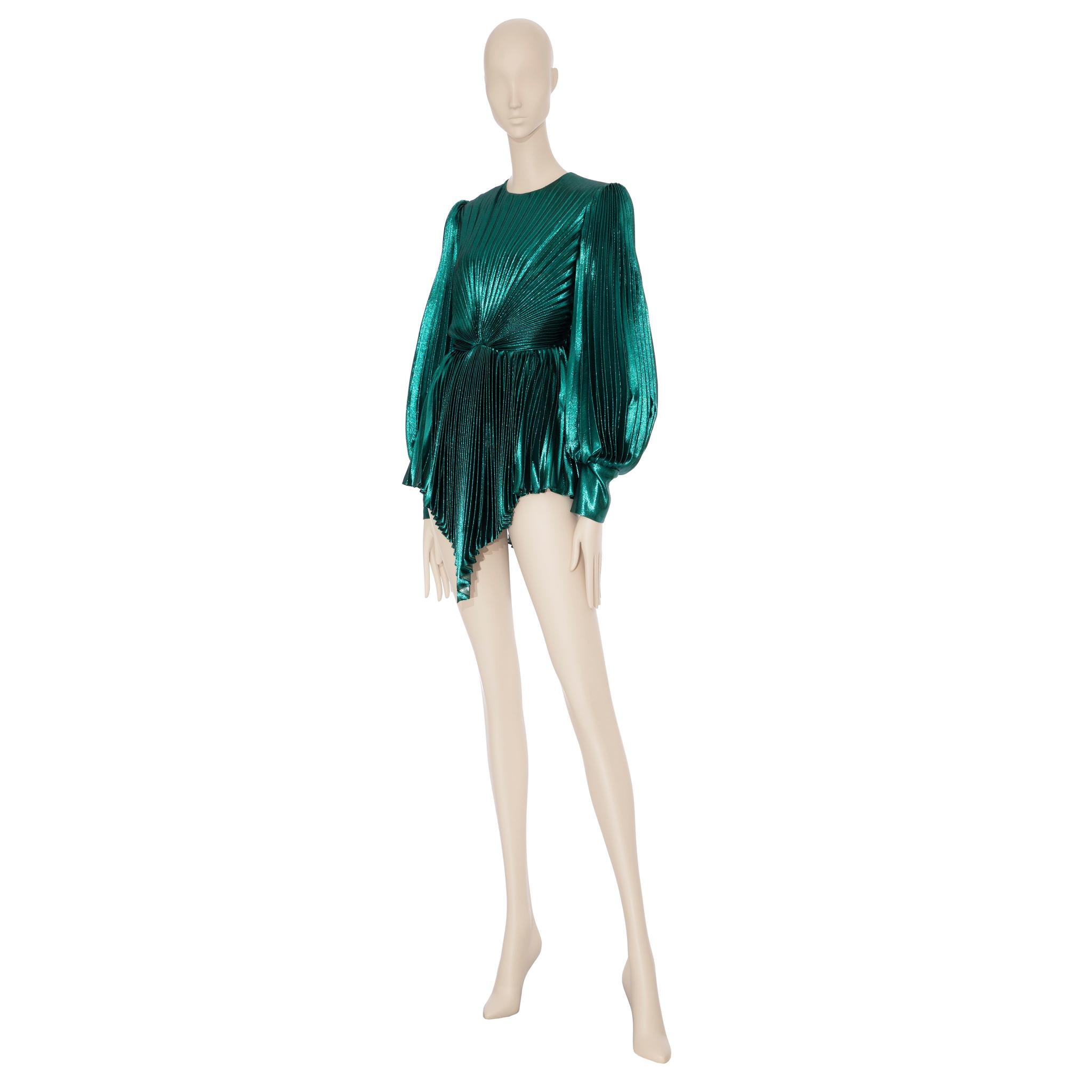 Gucci Iridescent Emerald Green Pleated Silk Blend Mini Dress 38 IT In New Condition For Sale In DOUBLE BAY, NSW