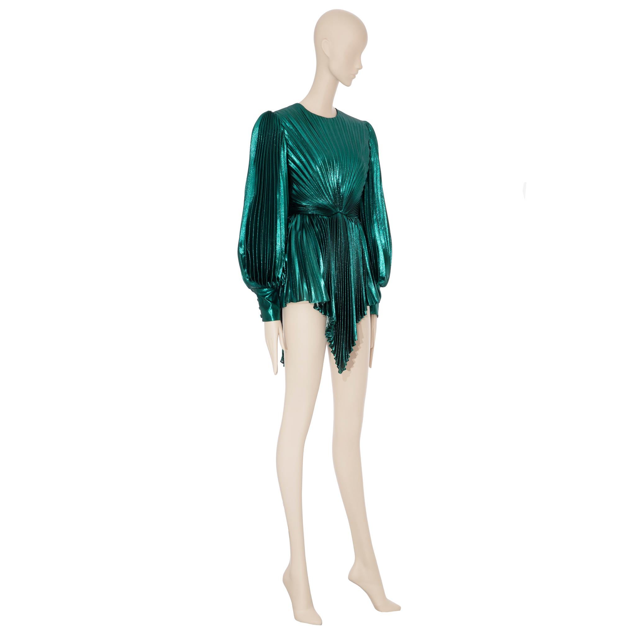 Women's Gucci Iridescent Emerald Green Pleated Silk Blend Mini Dress 38 IT For Sale