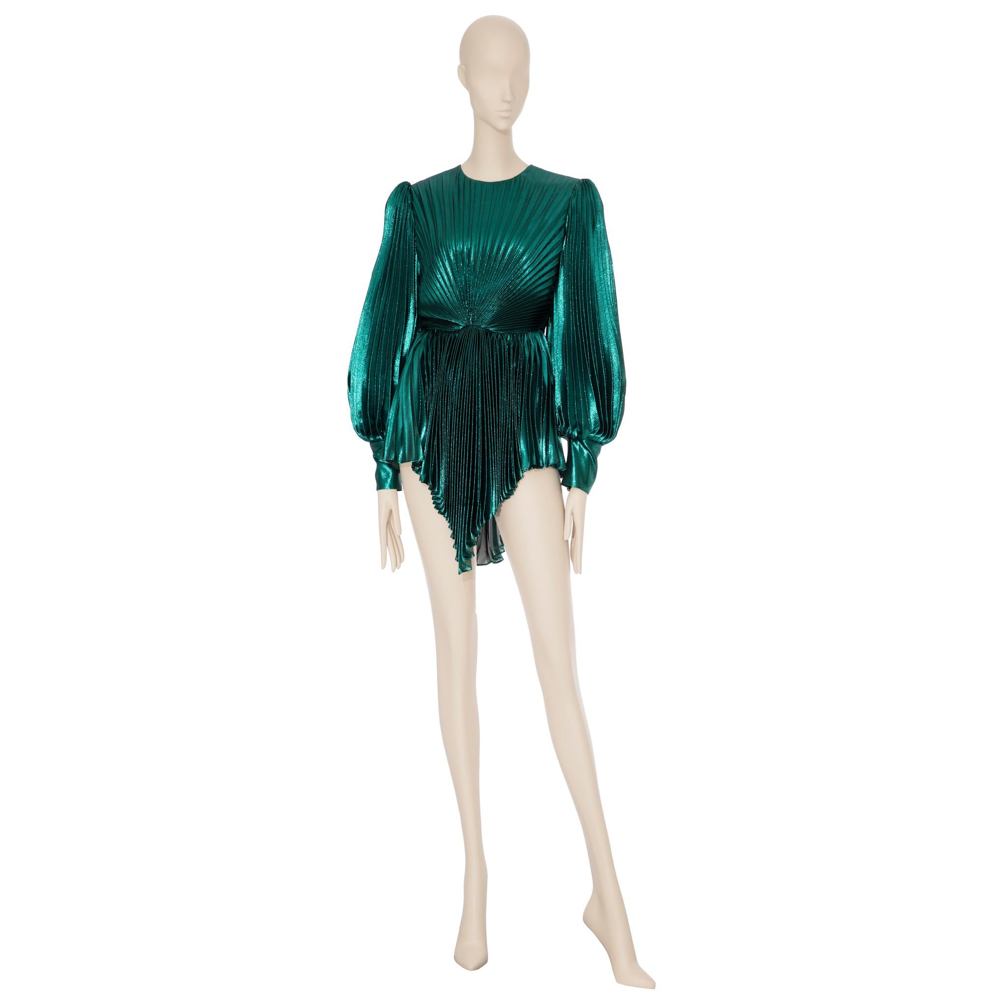 Gucci Iridescent Emerald Green Pleated Silk Blend Mini Dress 38 IT For Sale 1