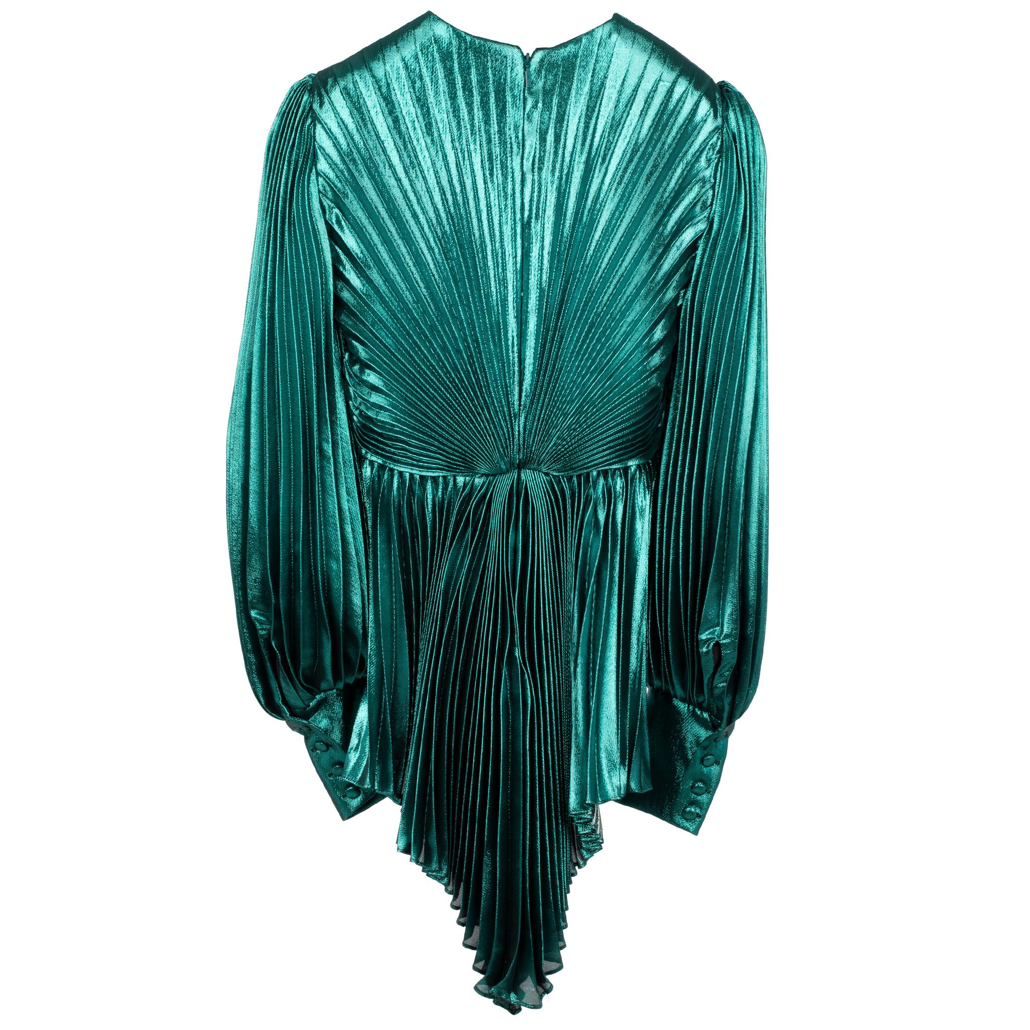 Gucci Iridescent Emerald Green Pleated Silk Blend Mini Dress 38 IT For Sale 4