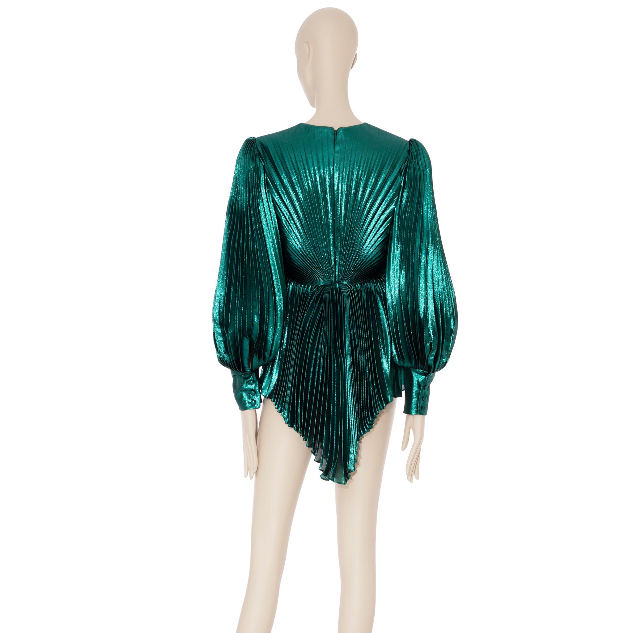 Gucci Iridescent Emerald Green Pleated Silk Blend Mini Dress 38 IT For Sale 5