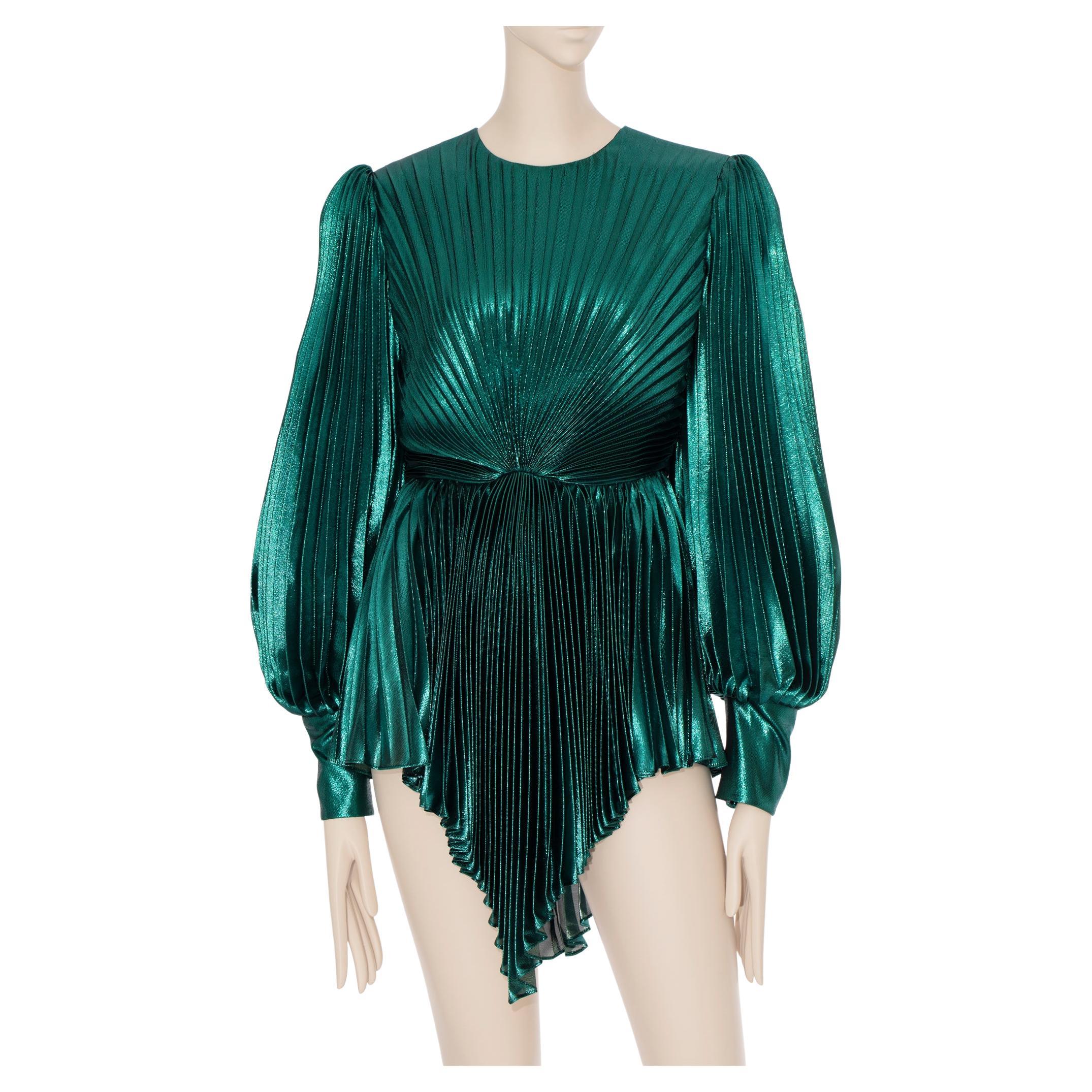 Gucci Iridescent Emerald Green Pleated Silk Blend Mini Dress 38 IT For Sale