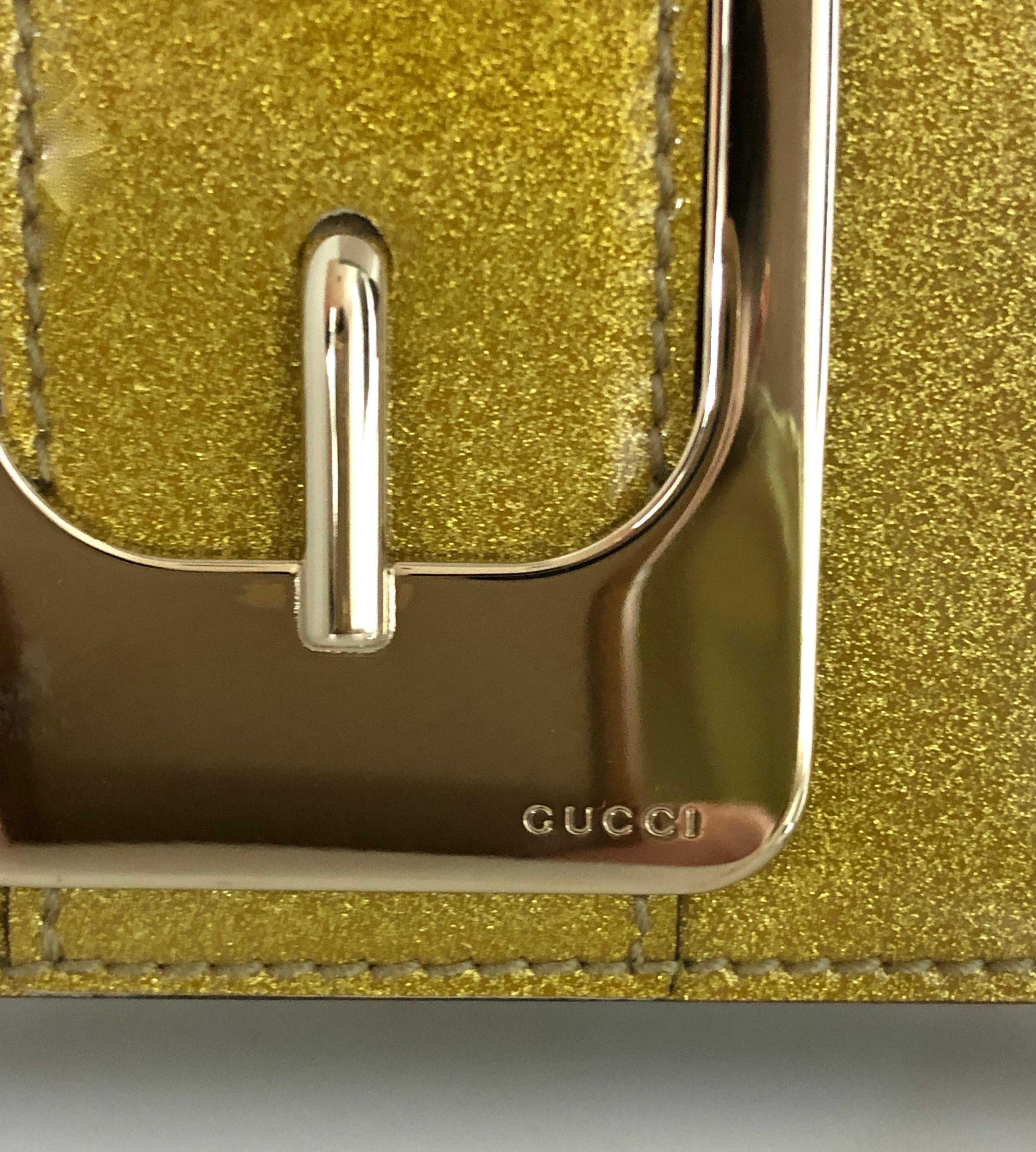 Gucci Iridescent Gold Patent Leather Elongated Clutch with Gold Metal Accents For Sale 6