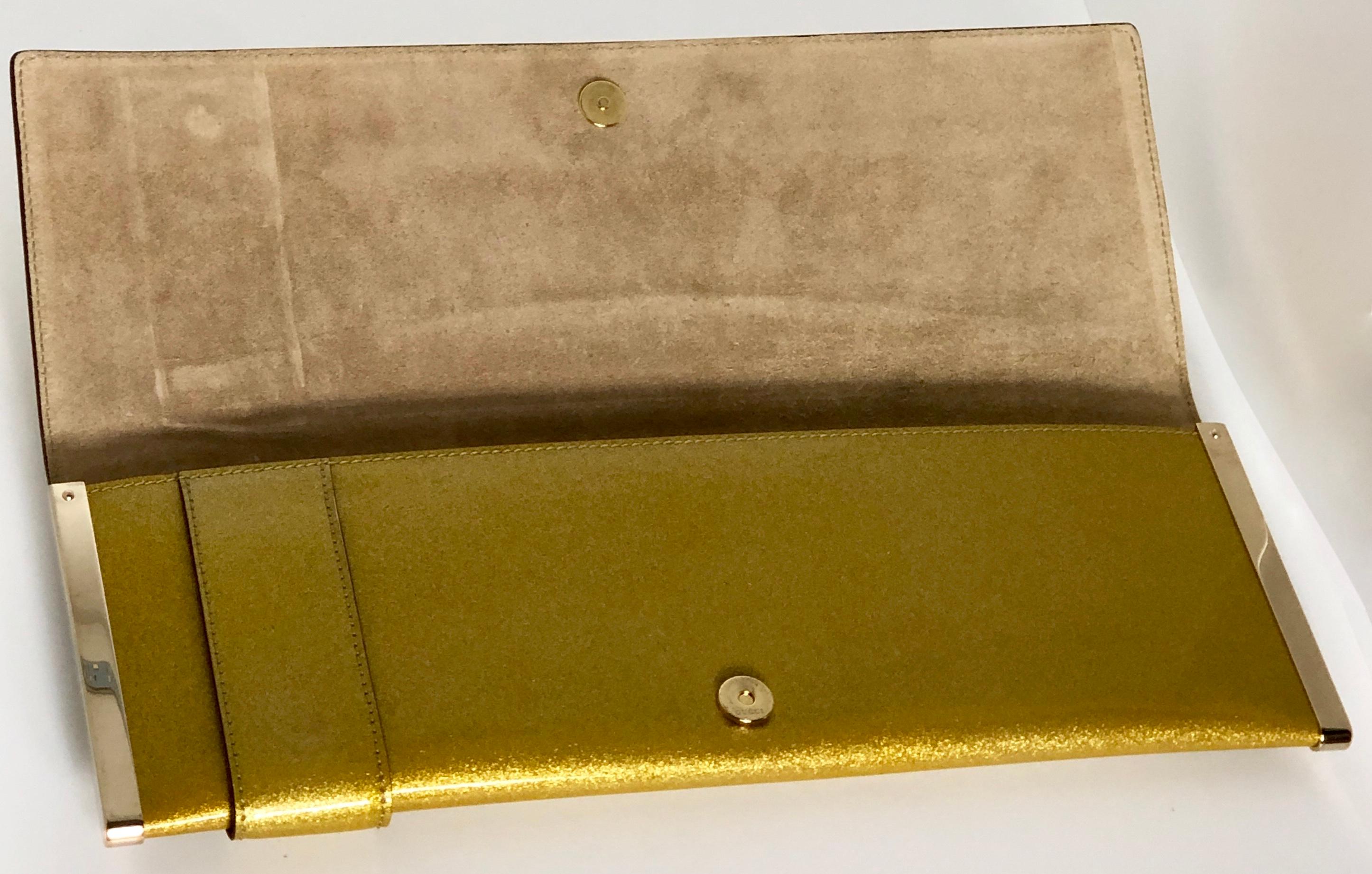 Gucci Iridescent Gold Patent Leather Elongated Clutch with Gold Metal Accents For Sale 9