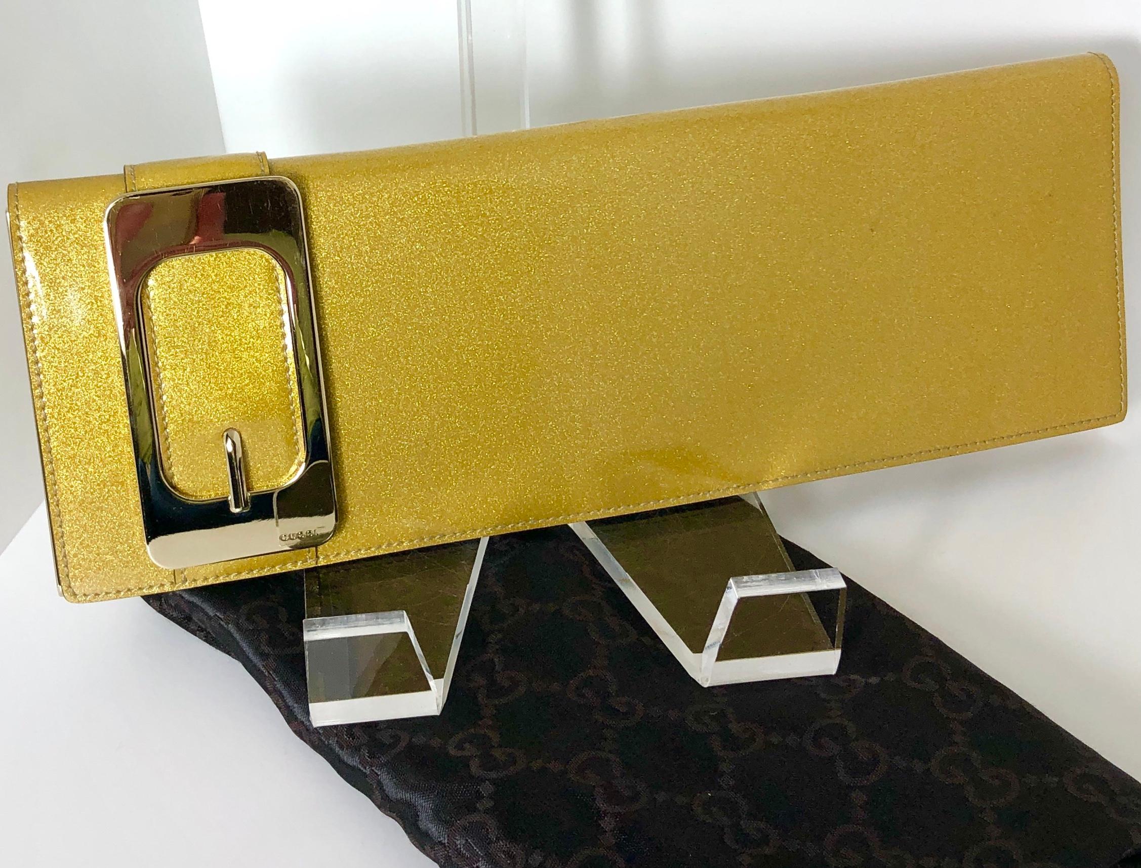 Gucci Iridescent Gold Patent Leather Elongated Clutch with Gold Metal Accents For Sale 15