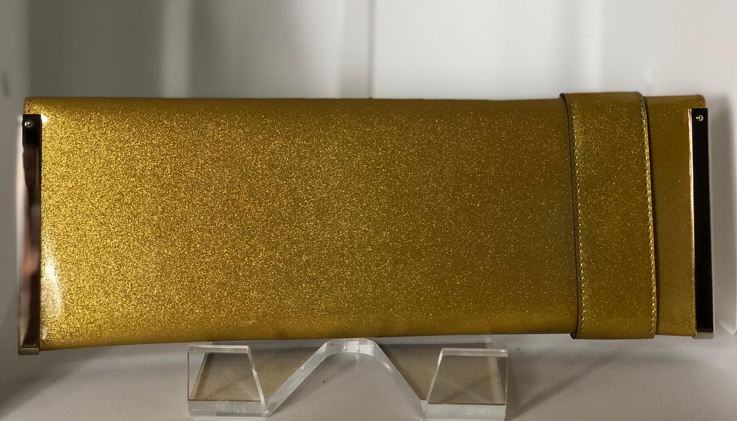 Gucci Iridescent Gold Patent Leather Elongated Clutch with Gold Metal Accents For Sale 1