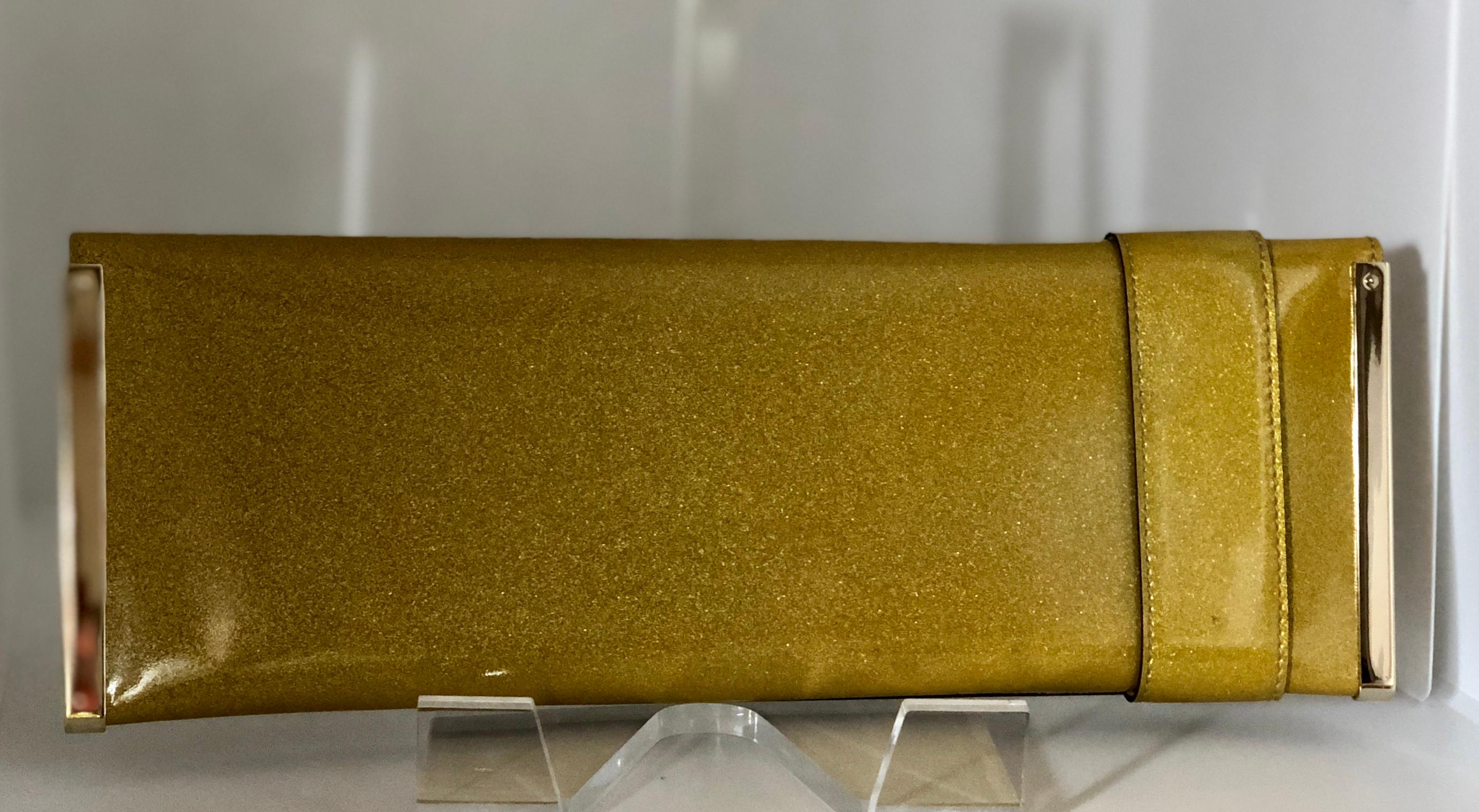 Gucci Iridescent Gold Patent Leather Elongated Clutch with Gold Metal Accents For Sale 2