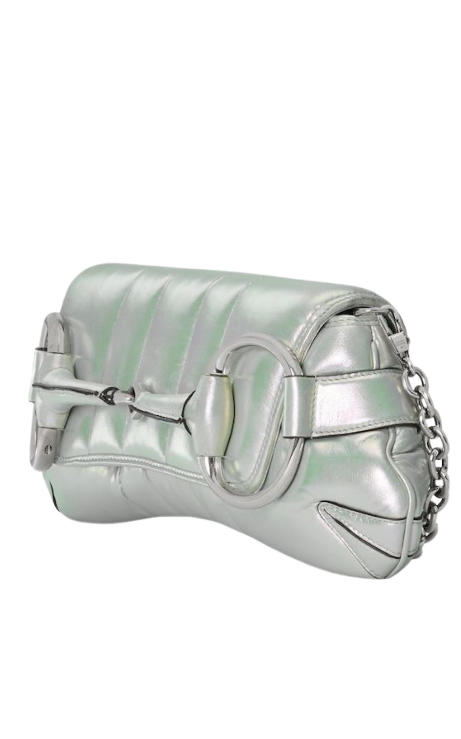 Gray Gucci Iridescent Green Horsebit Chain Medium Shoulder Bag For Sale