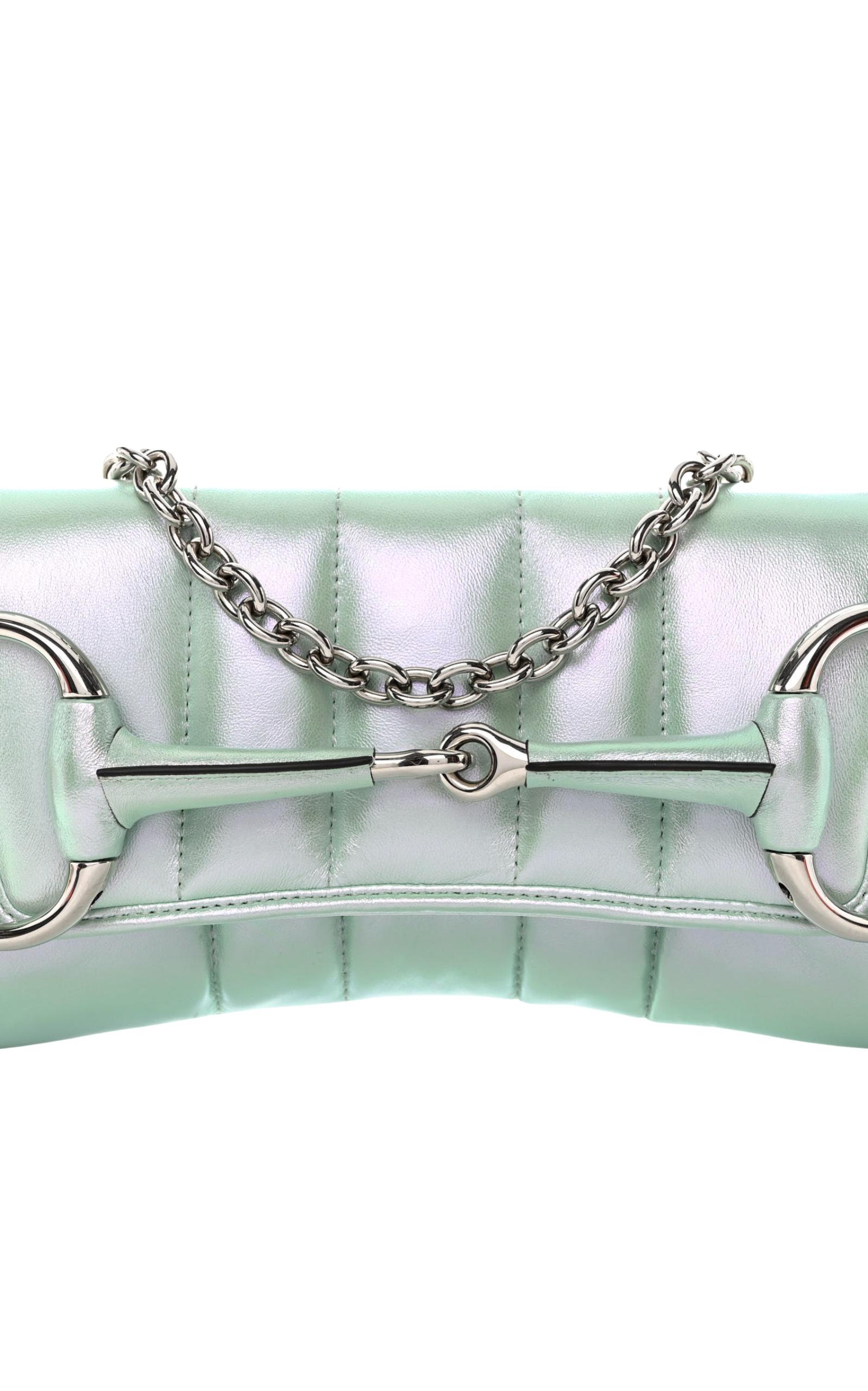 Gucci Iridescent Green Horsebit Chain Medium Shoulder Bag For Sale 2