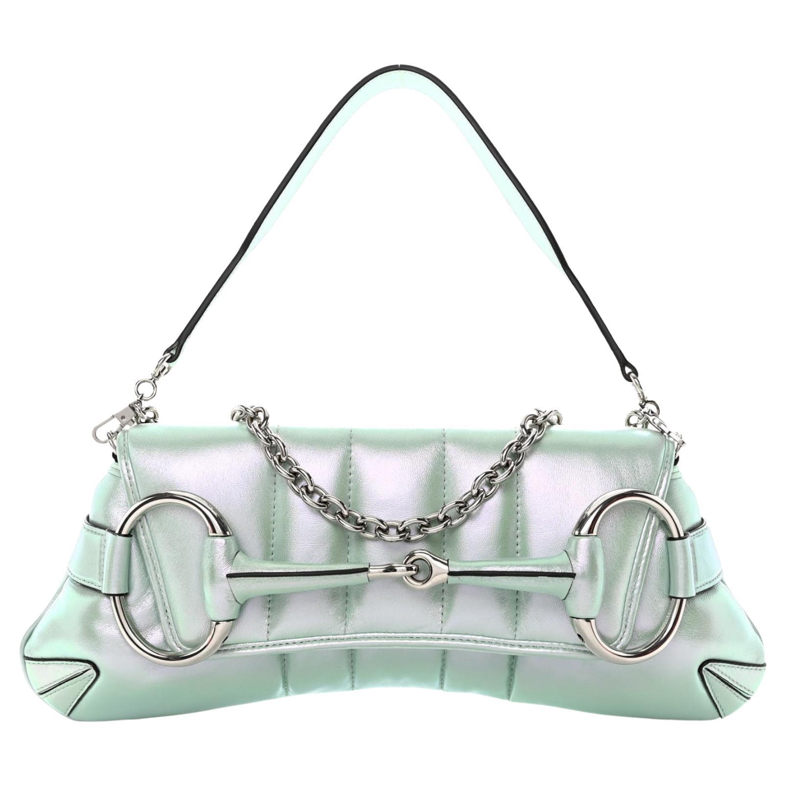 Gucci Iridescent Green Horsebit Chain Medium Shoulder Bag For Sale