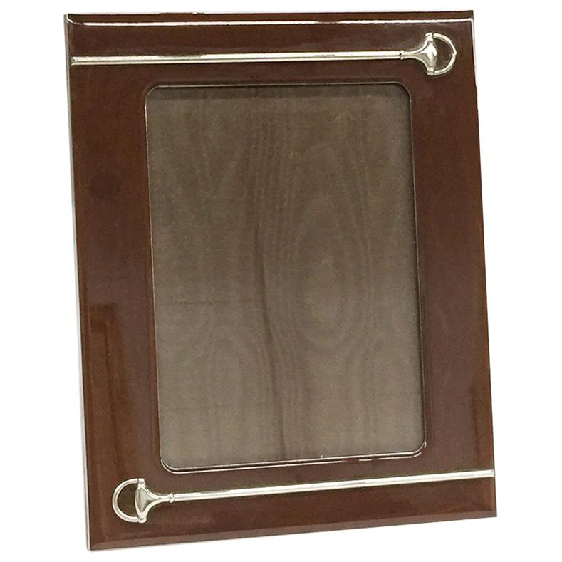 Gucci, Italian Brown Lacquered Picture Frame with Silver Plated Horsebit