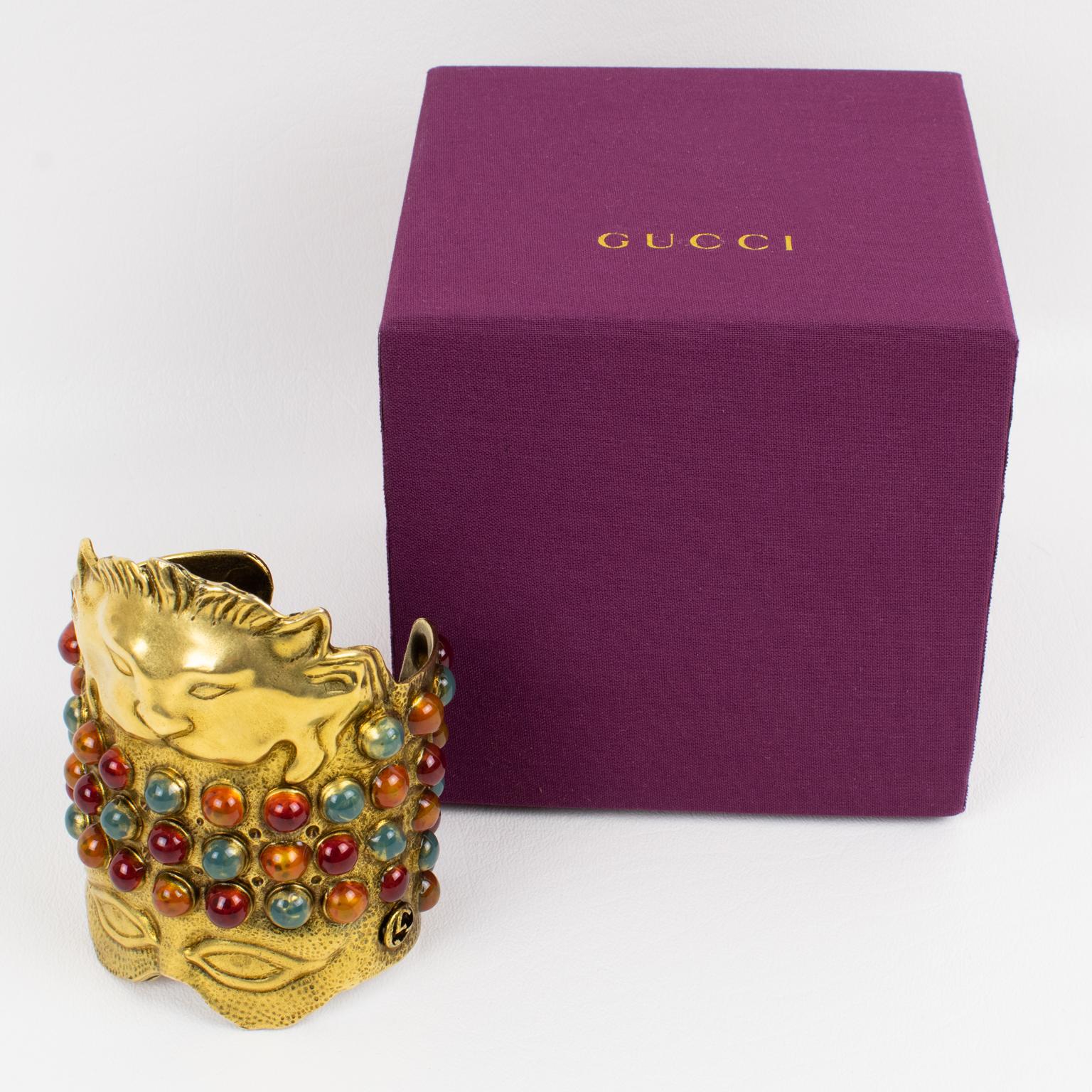 Gucci Italy 2020 Runway Cruise Collection Jeweled Gilt Metal Cuff Bracelet In Excellent Condition For Sale In Atlanta, GA