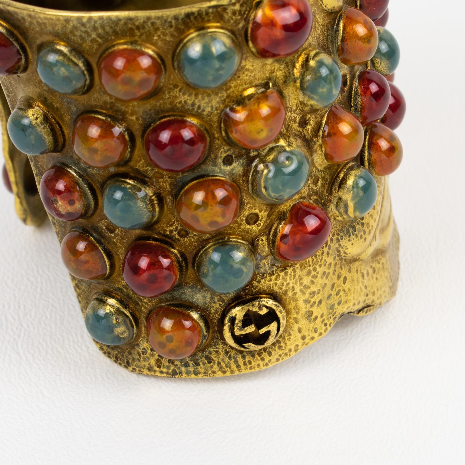 Gucci Italy 2020 Runway Cruise Collection Jeweled Gilt Metal Cuff Bracelet For Sale 3