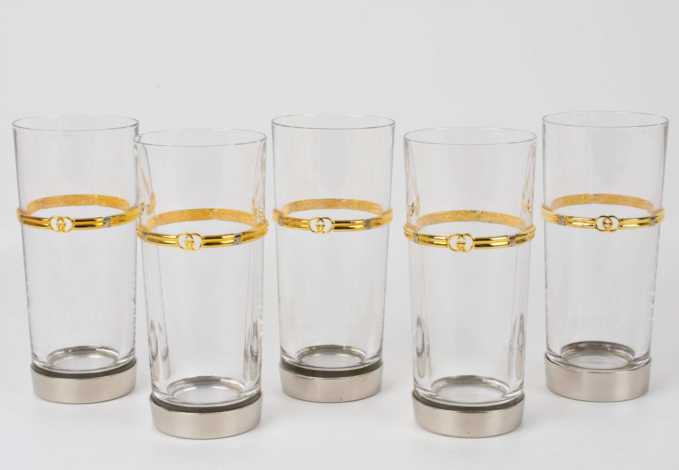 Gucci Barware Silver Plate and Crystal HighBall Tumbler Glasses, 5 pieces For Sale 3