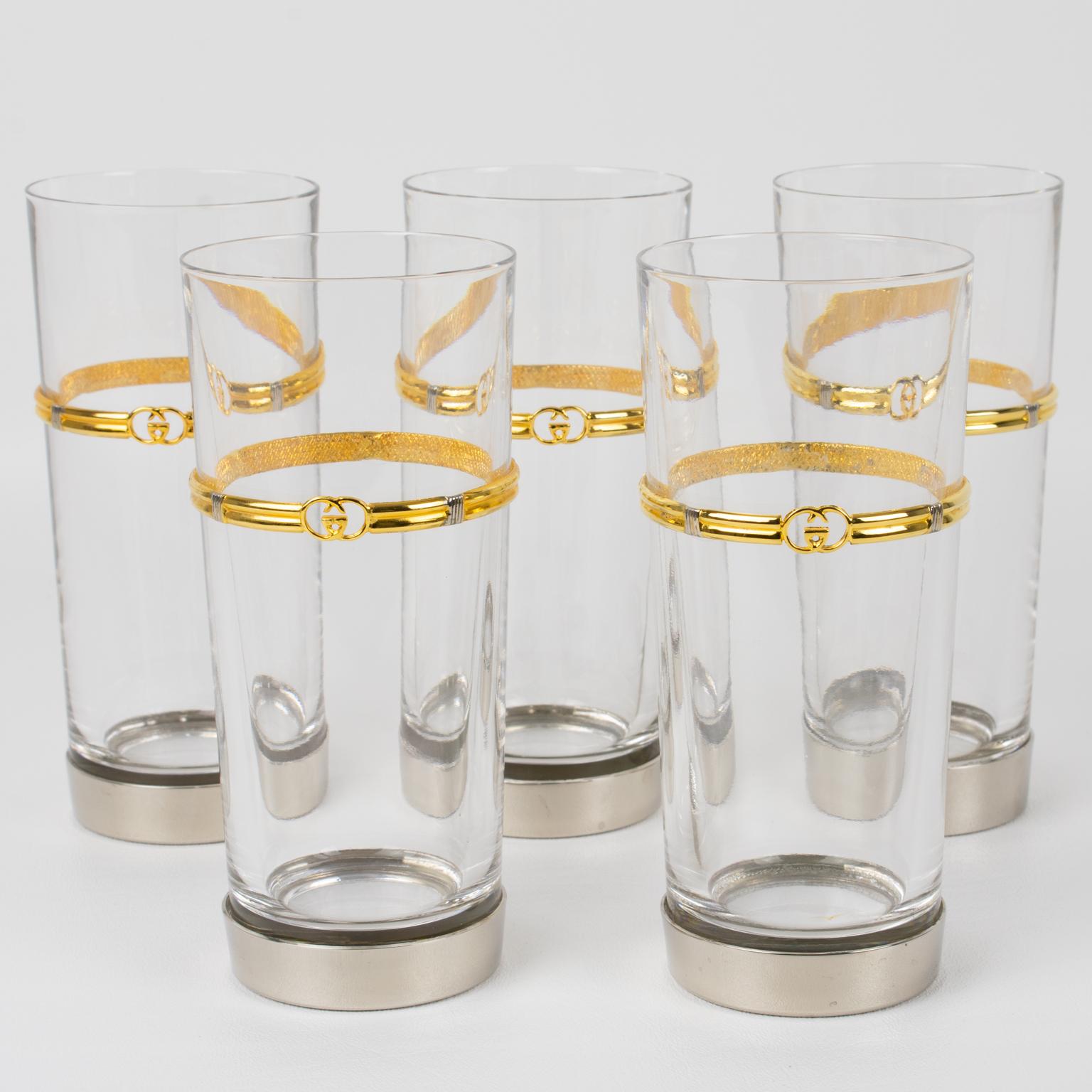Gucci Italy Barware Set Silver Plate and Crystal HighBall Tumbler Glasses, 5 pc For Sale 1
