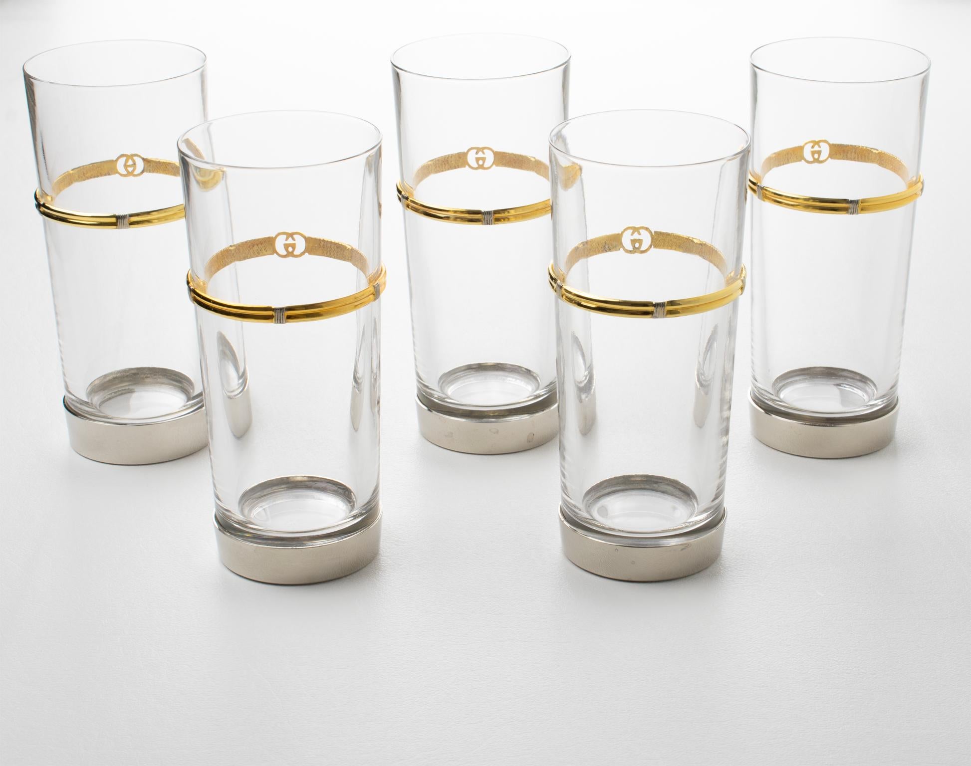 Modern Gucci Italy Barware Set Silver Plate and Crystal HighBall Tumbler Glasses, 5 pc For Sale
