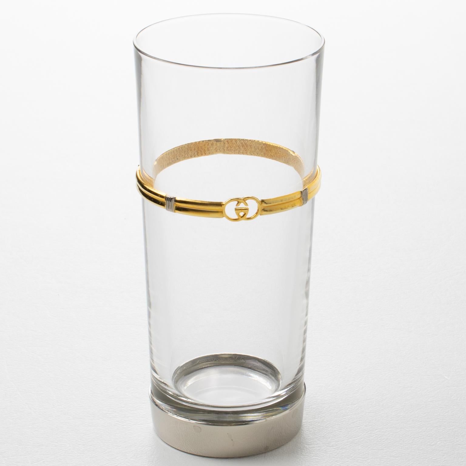 Italian Gucci Italy Barware Set Silver Plate and Crystal HighBall Tumbler Glasses, 5 pc For Sale