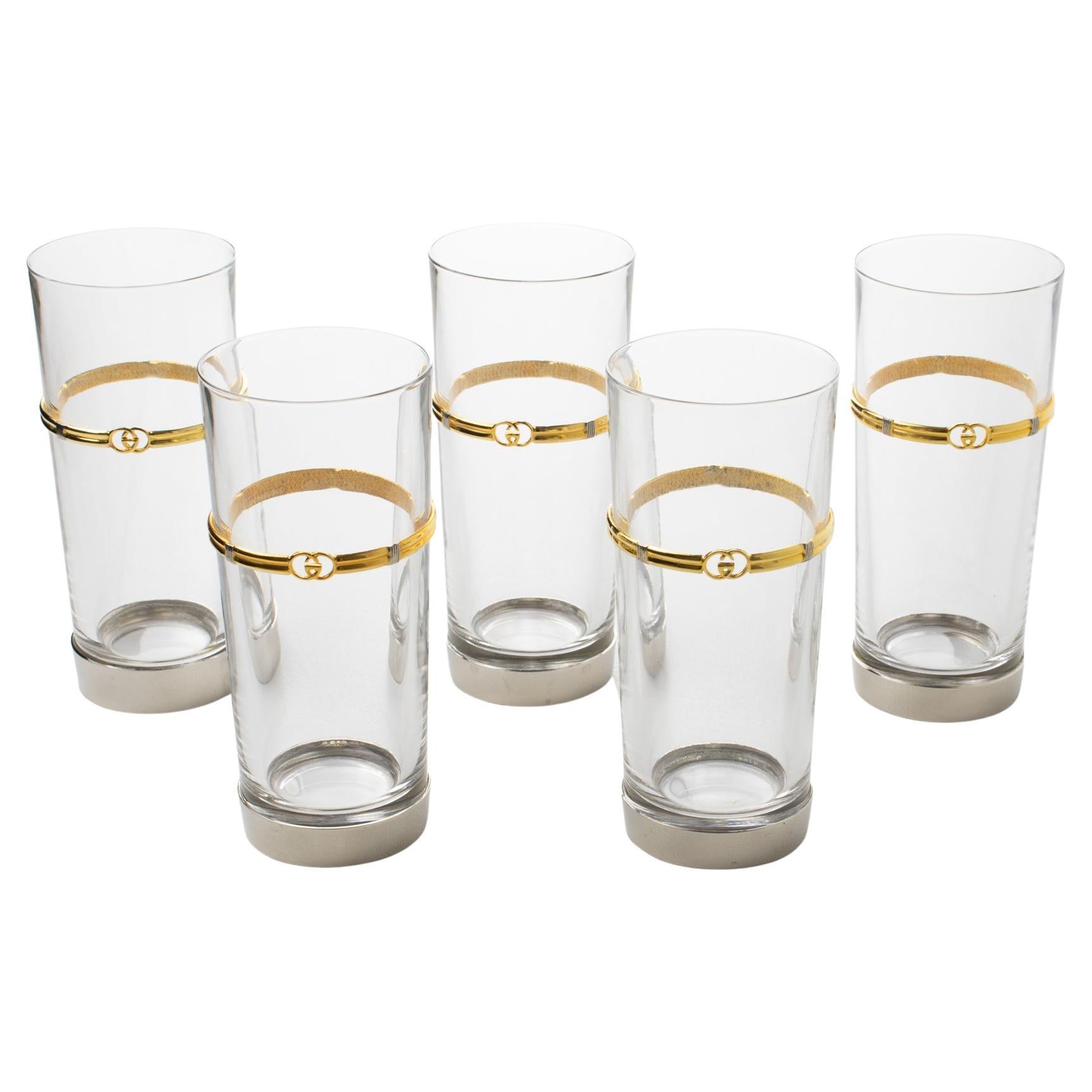 Gucci Italy Barware Set Silver Plate and Crystal HighBall Tumbler Glasses, 5 pc For Sale