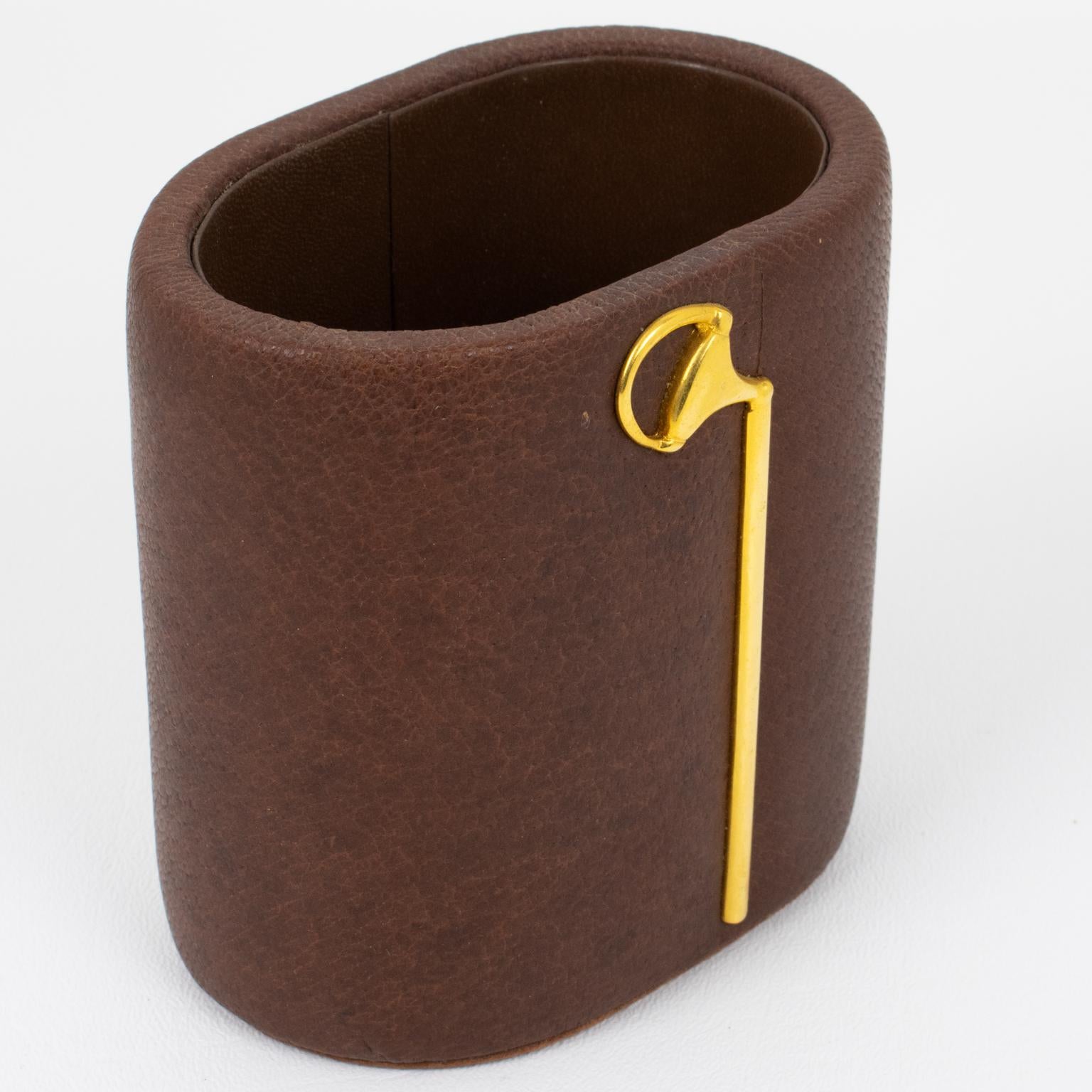 Gucci Brown Leather Desk Pen Holder with Gold Plated Equestrian Motif 2