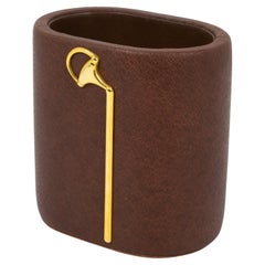 Vintage Gucci Brown Leather Desk Pen Holder with Gold Plated Equestrian Motif