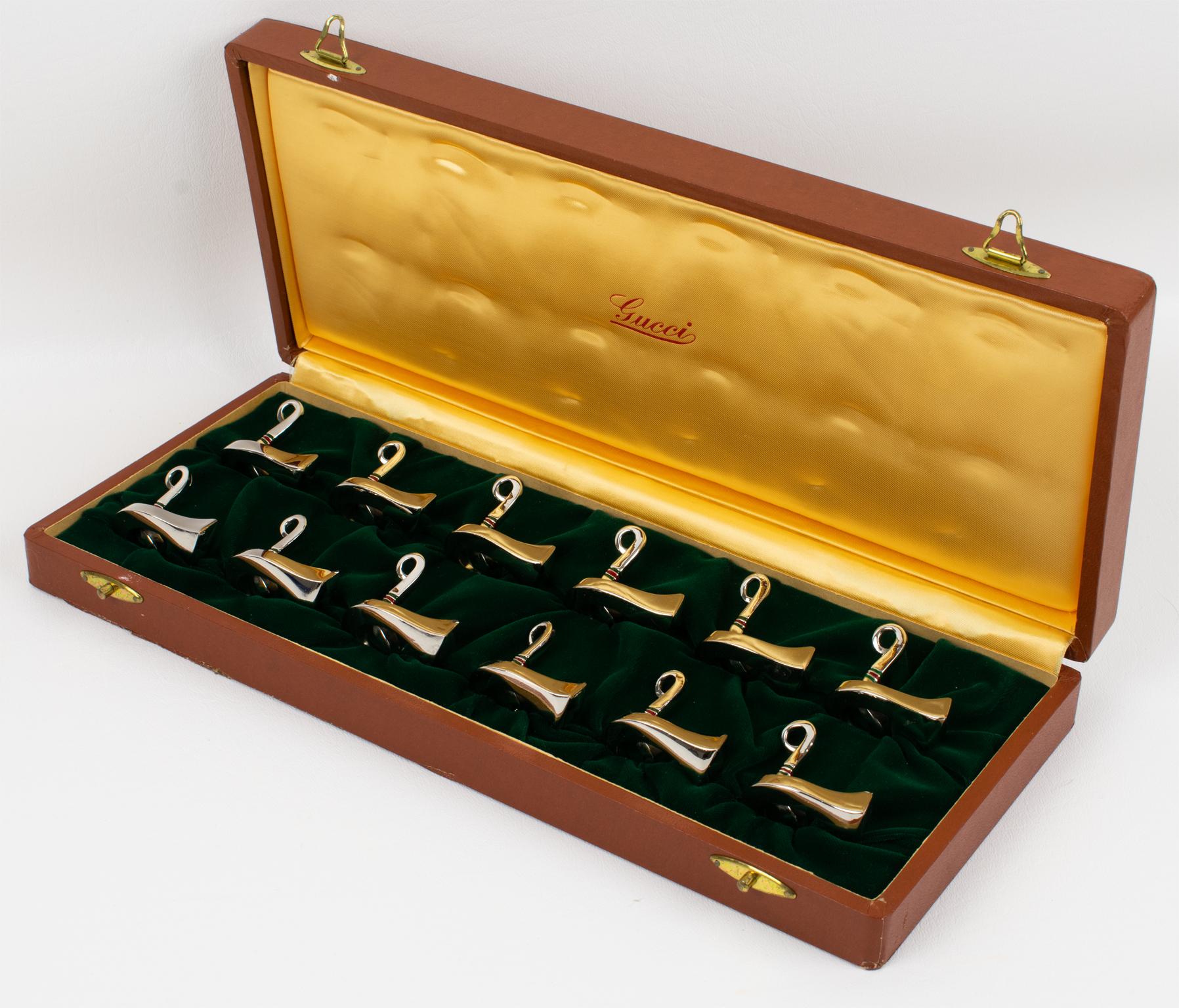 Late 20th Century Gucci Italy Chrome and Enamel Equestrian Place Card Holders, twelve in box For Sale