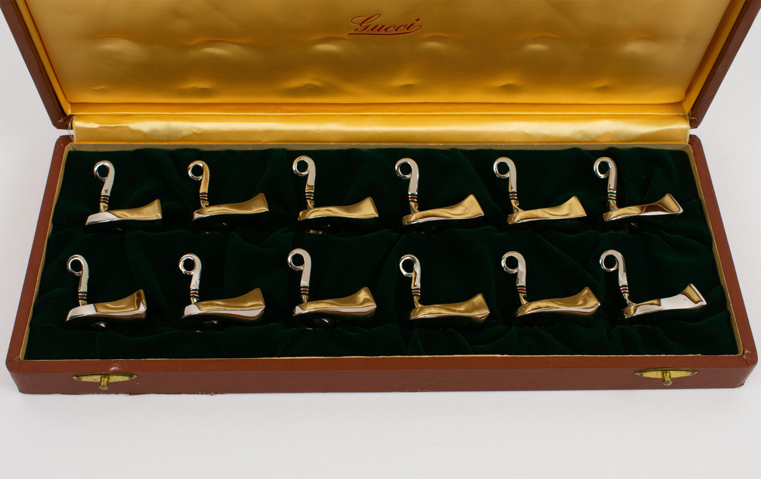 Metal Gucci Italy Chrome and Enamel Equestrian Place Card Holders, twelve in box For Sale