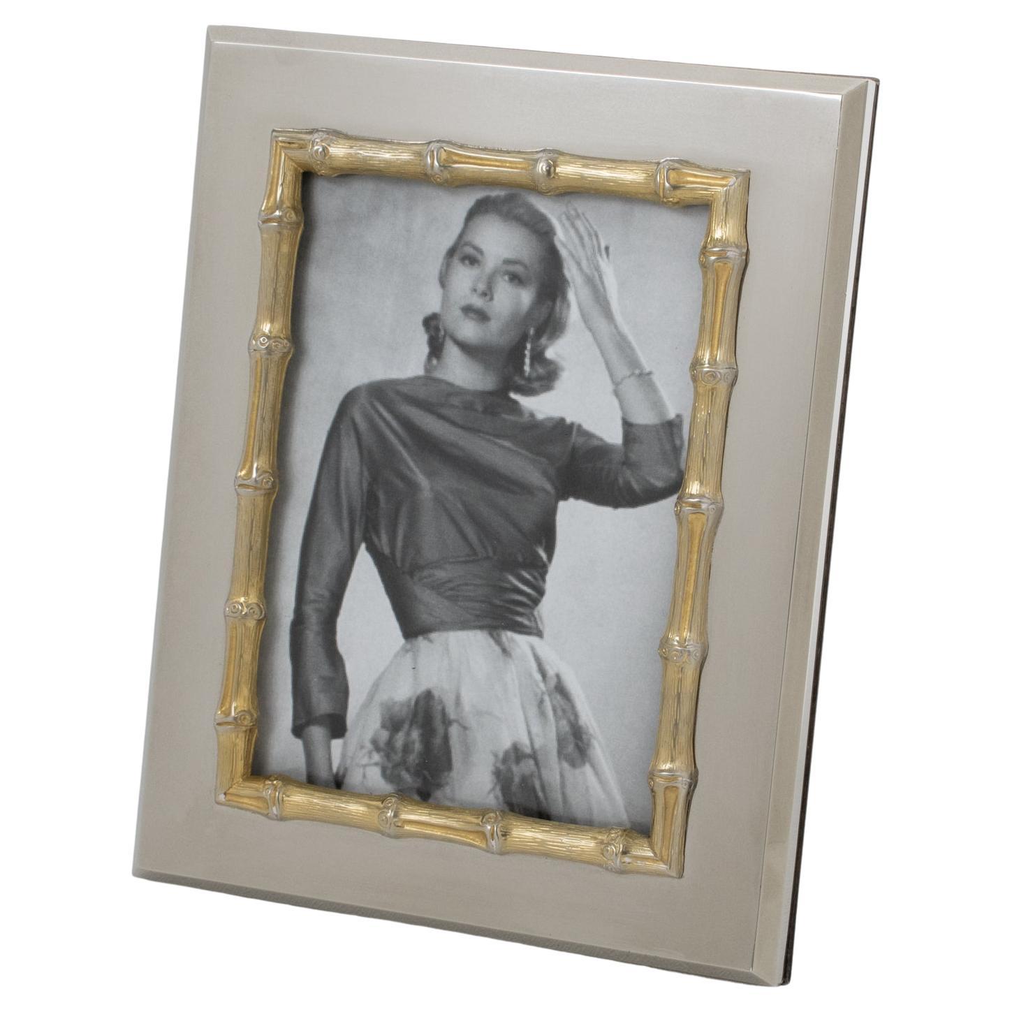 Gucci Italy Chrome and Gold Plate Picture Frame with Bamboo Design