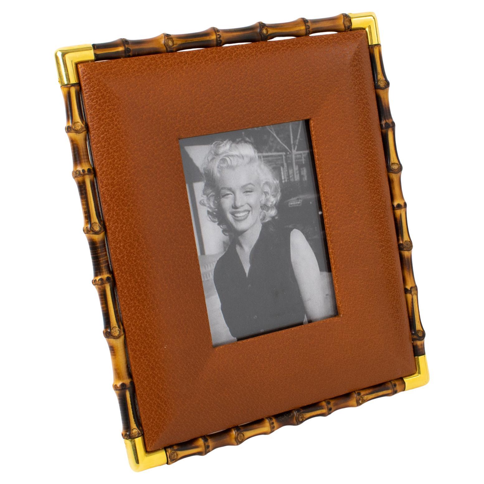 Gucci Italy Cognac Leather and Bamboo Picture Frame For Sale