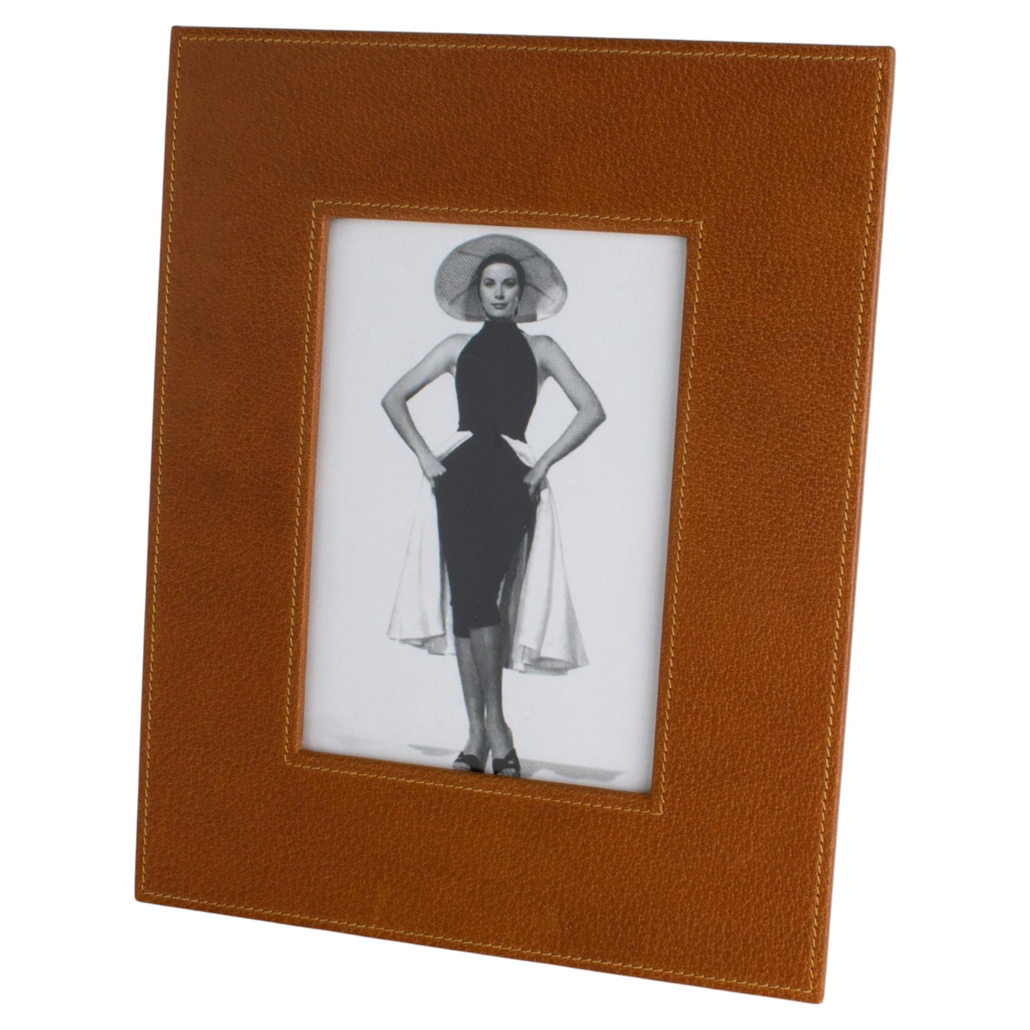 Gucci Italy Cognac Leather and Brushed Aluminum Picture Frame, circa 1980