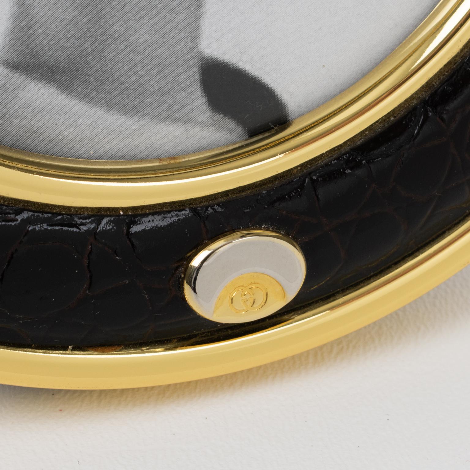 Metal Gucci Italy Crocodile Skin Leather and Brass Round Picture Frame