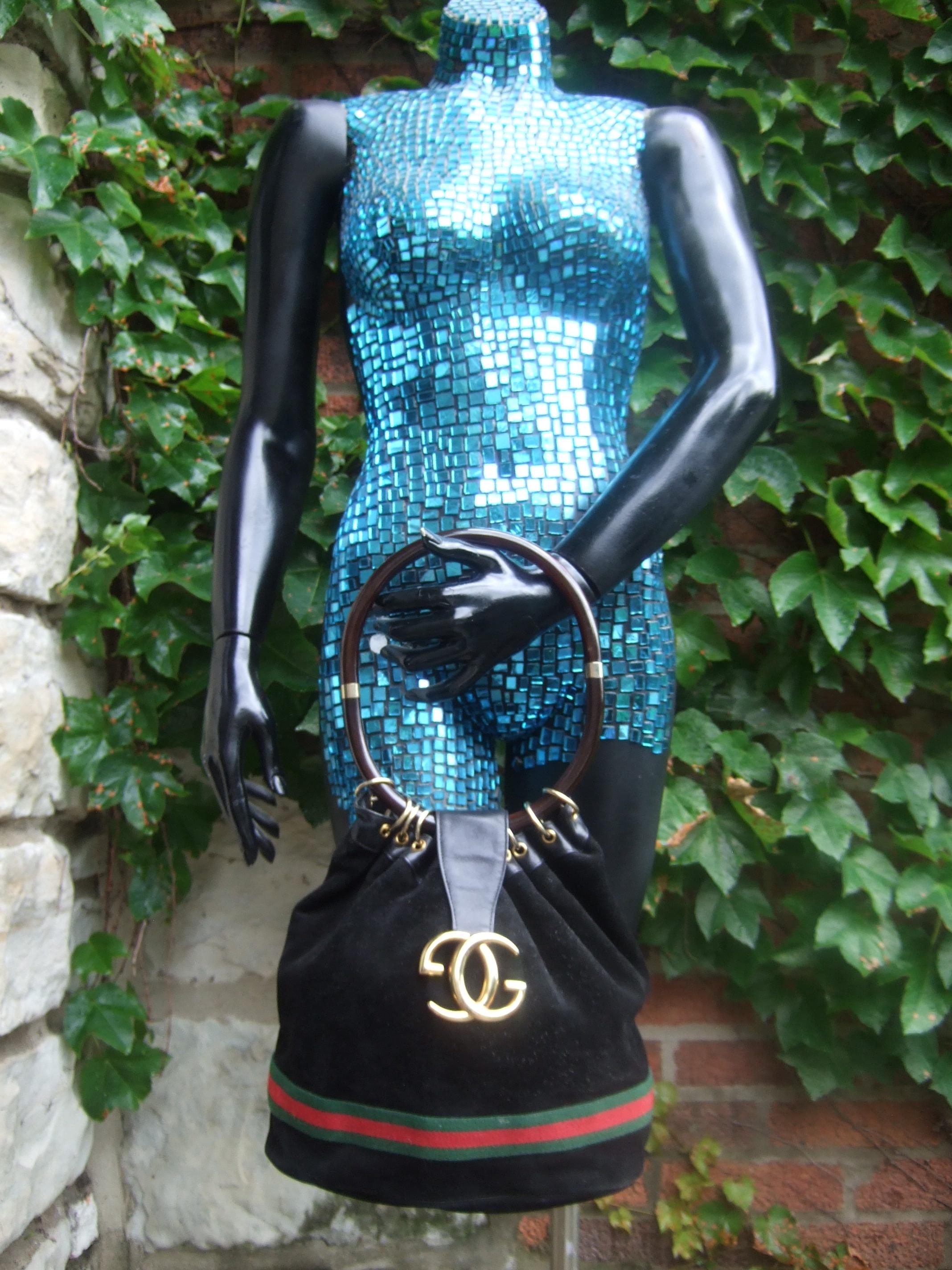 Gucci Italy Extremely Rare Black Suede Amber Resin Lucite Handle Handbag c 1970s For Sale 6
