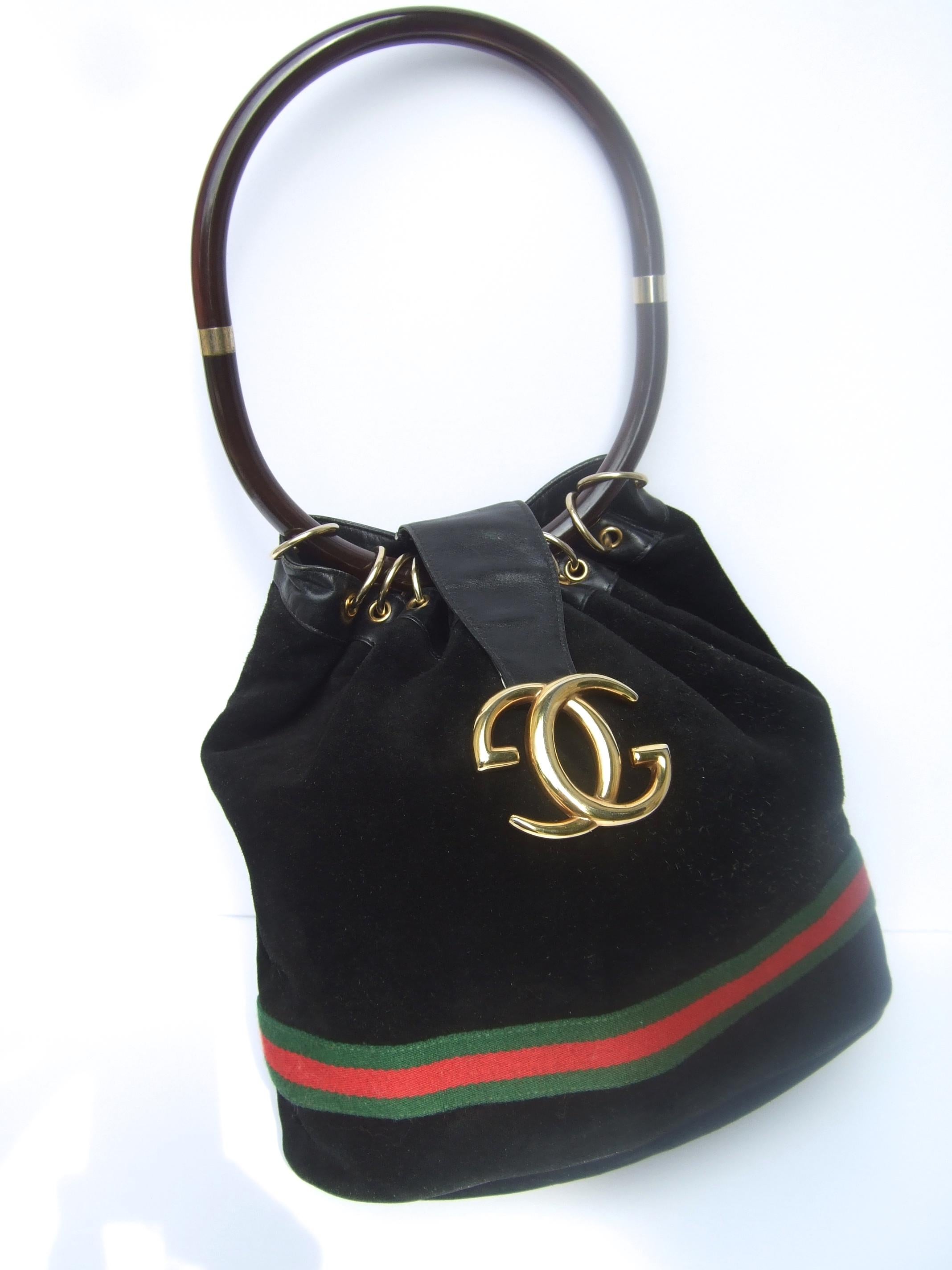 Gucci Italy Extremely Rare Black Suede Amber Resin Lucite Handle Handbag c 1970s In Good Condition For Sale In University City, MO