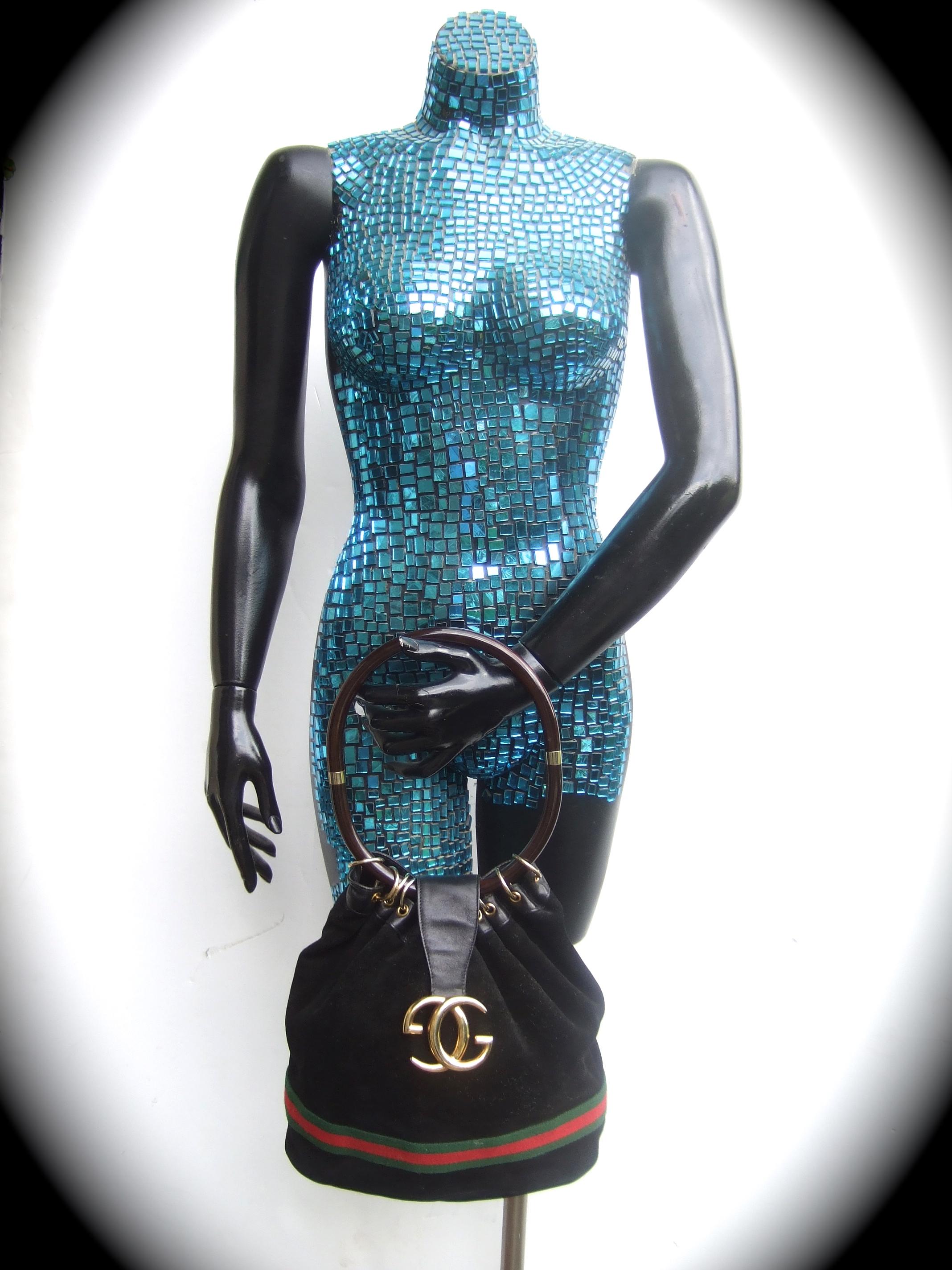Women's Gucci Italy Extremely Rare Black Suede Amber Resin Lucite Handle Handbag c 1970s For Sale