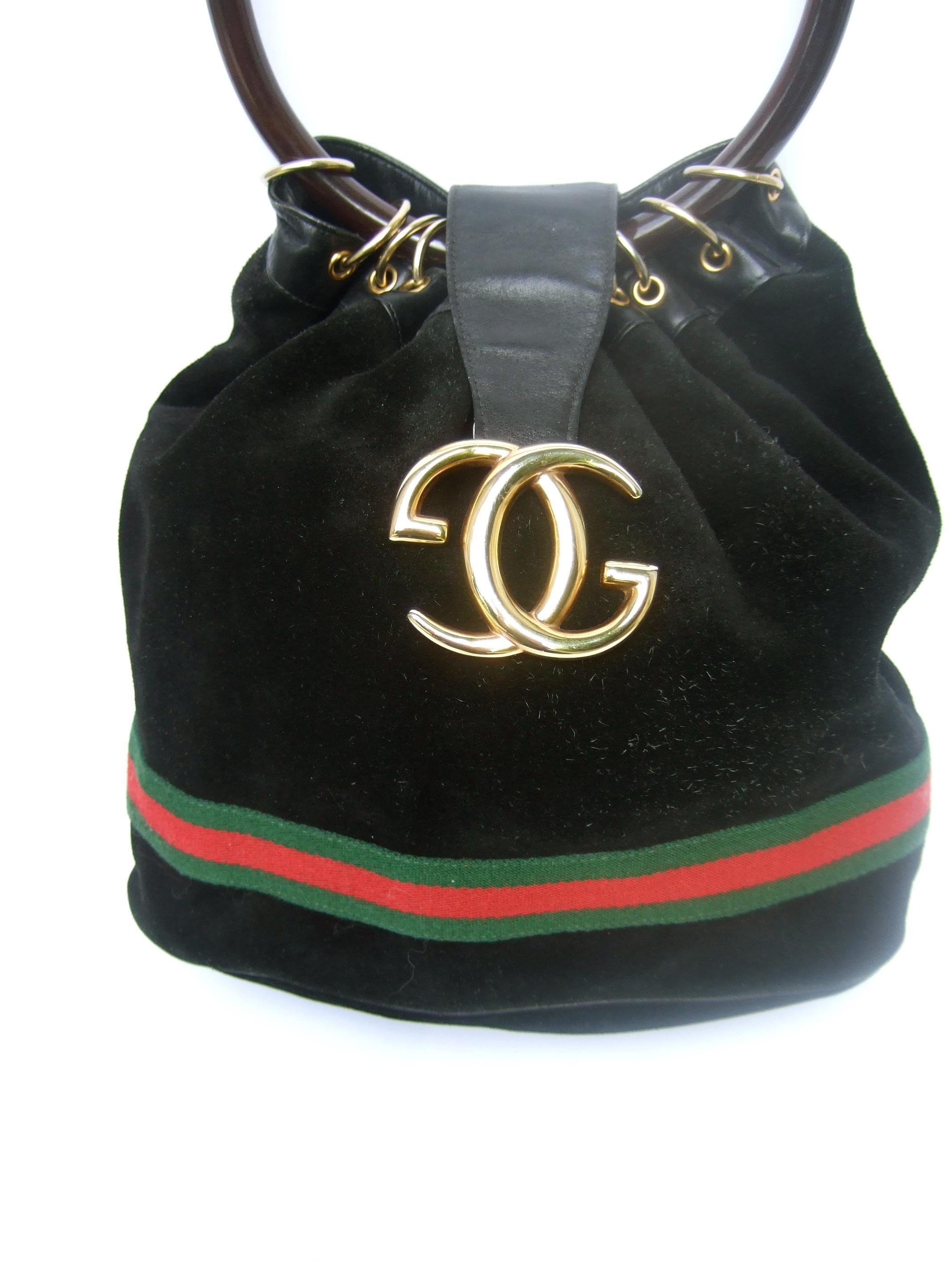 Gucci Italy Extremely Rare Black Suede Amber Resin Lucite Handle Handbag c 1970s For Sale 1
